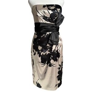 WHBM White Black Strapless Floral Satin Sheath Dress with Bow Size 2 Cocktail